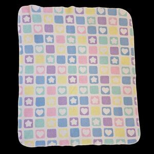 Vtg Springmaid Baby Blanket‎ Pastel Hearts Stars Fleece Thin Squares Checkered